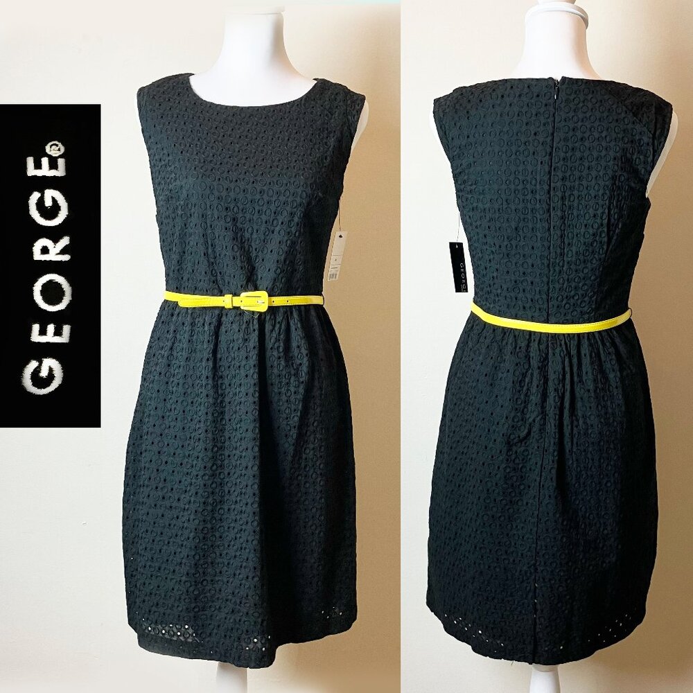 George Black Eyelet Sheath Dress | Yellow Belt | 100% Cotton | NWT